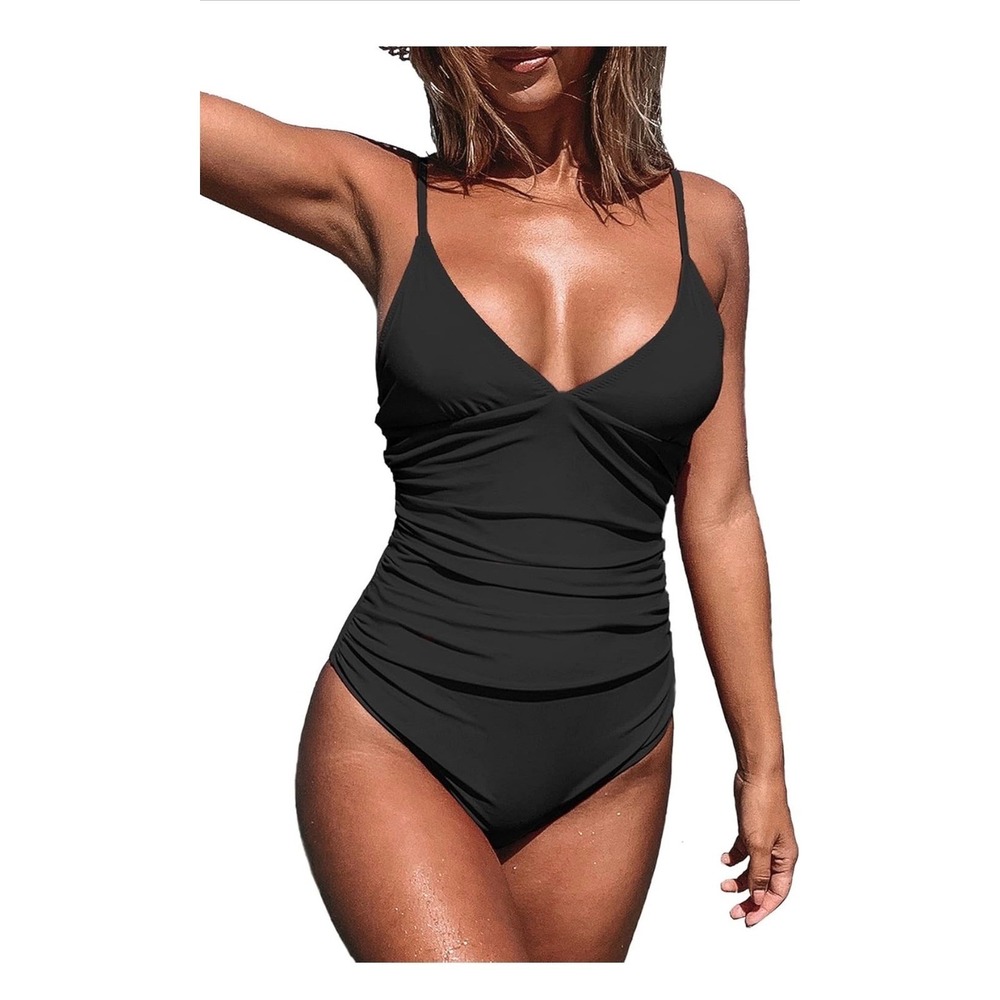 Cupshe Womens Black Ruched V-Neck One Piece Swimsuit Size M NEW